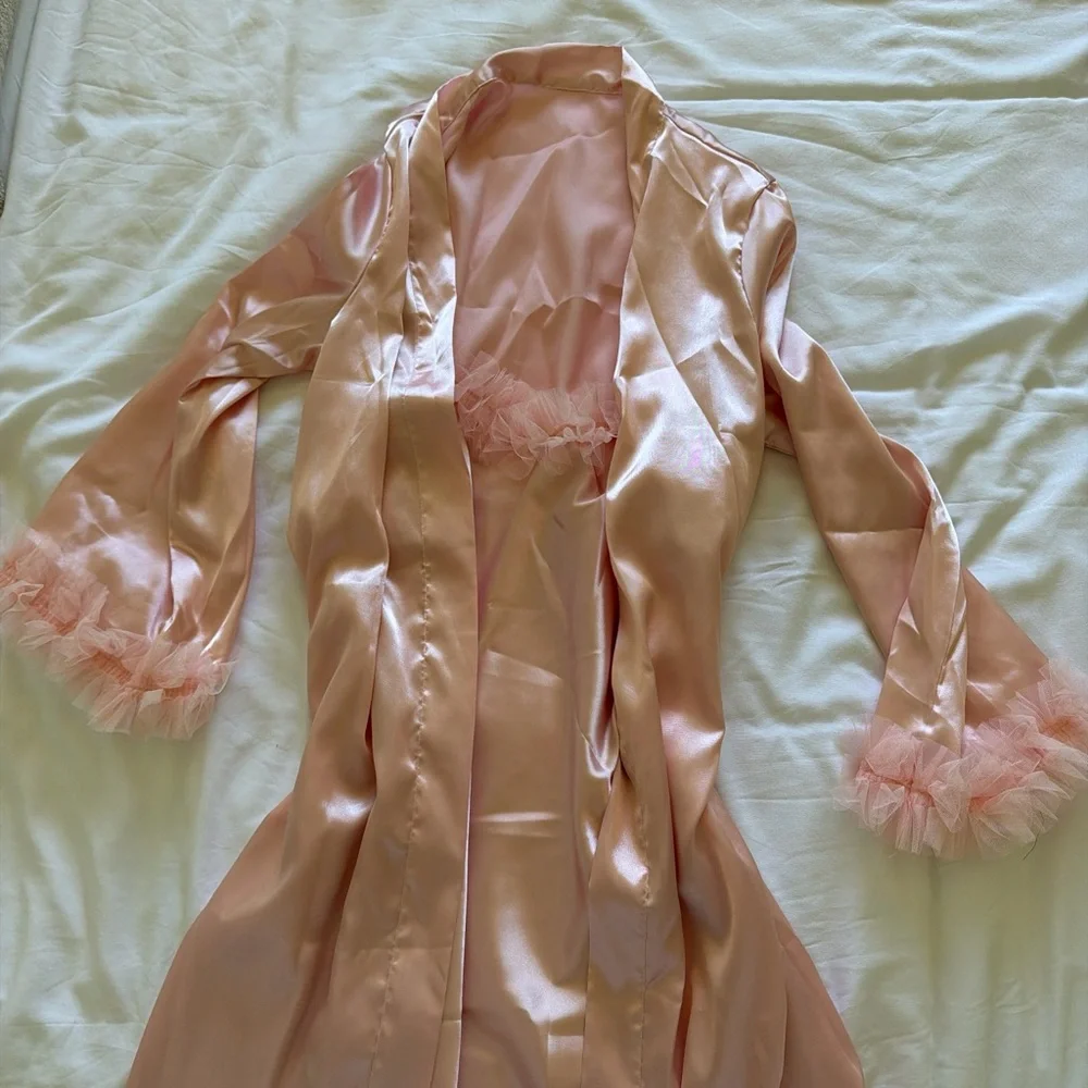 Satin Pink Ruffle-Trim Slip Dress & Robe Set - Picture 3 of 3